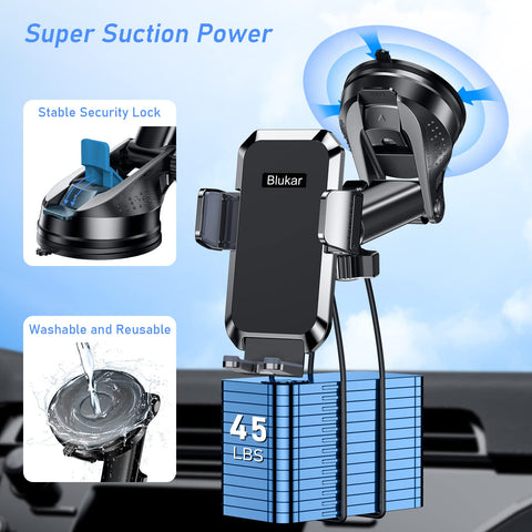 Blukar Car Phone Holder, Adjustable Car Phone Mount 360Â° Rotation for Car Dashboard/Windscreen [2023 Upgraded Strong Suction] - One Button Release Car Phone Cradle for iPhone 4.0''-7.0'' Phones