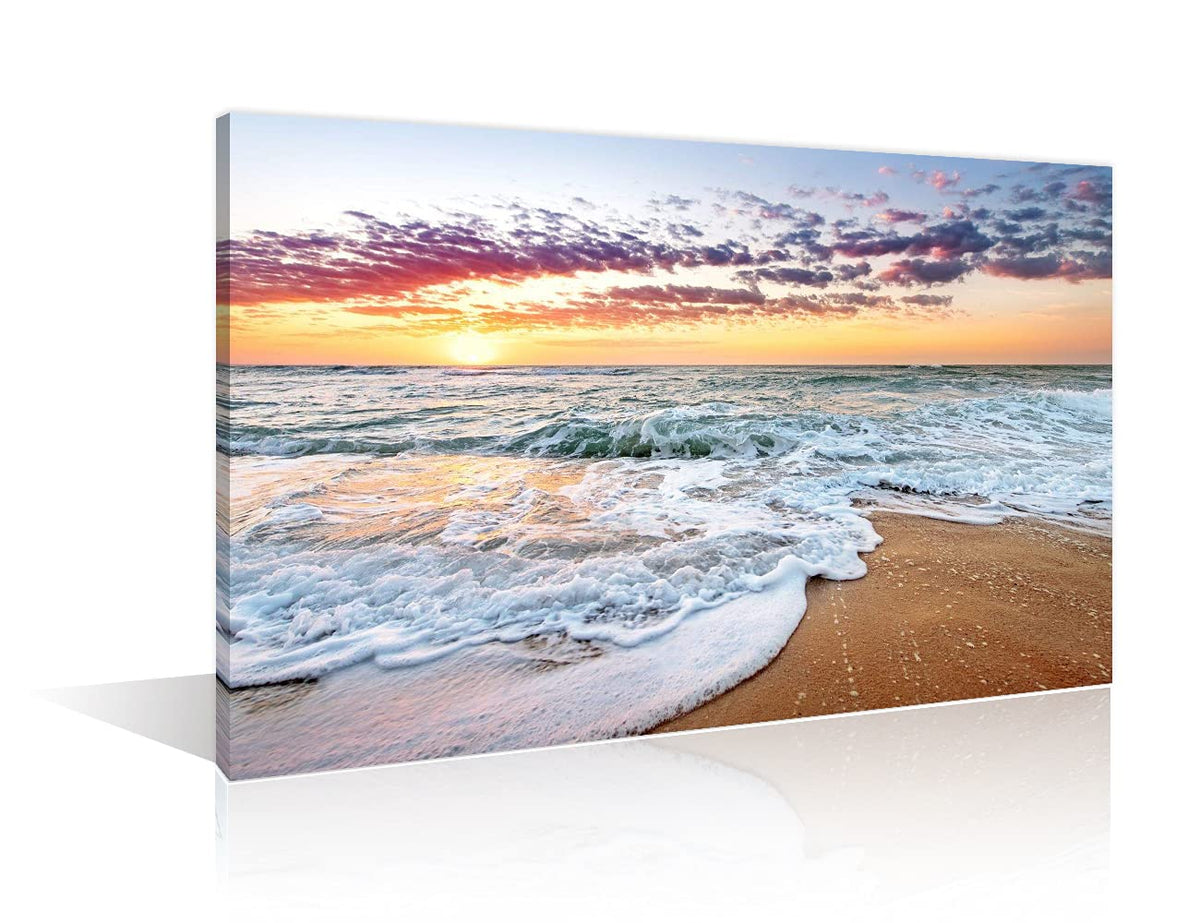 TISHIRON Seascape Wall Art Decor Poster Artworks Dusk Sunset Pictures Painting On Canvas Modern Home Office Decor with Wooden Frame Ready To Hang(24X16in)