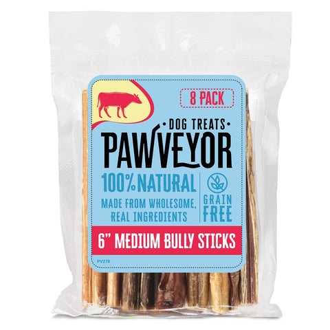 Pawveyor 6 Inch All-Natural Bully Sticks for Medium Dogs - Pack of 4 Naturally Scented, GMO-Free, & Fully Digestible Dog Bully Sticks for Medium Dogs - Hand-Cut Single Ingredient Bully Sticks