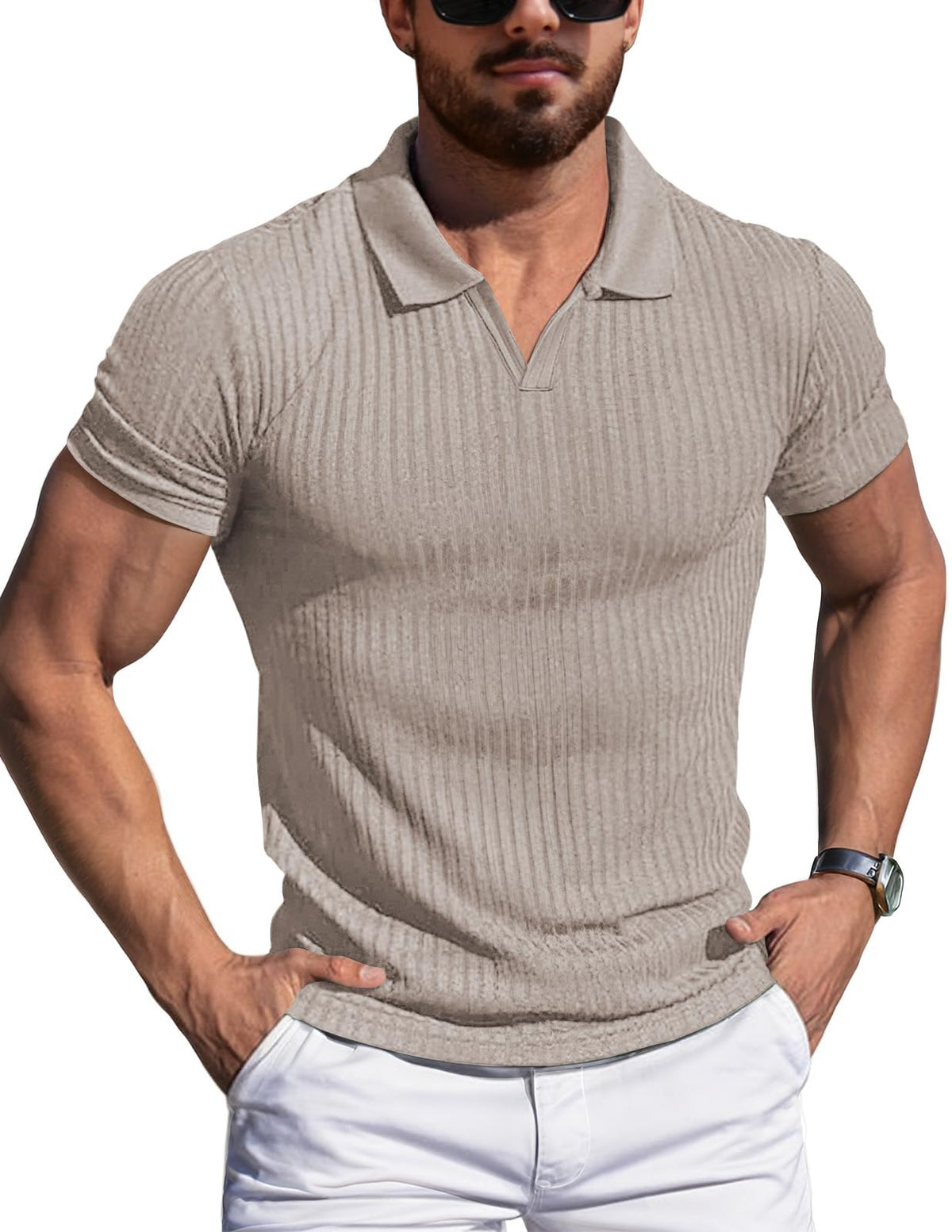 YTD Polo Shirts for Men V Neck Slim Fit Short Sleeve Performance Golf Shirt Knit Soft Tees S Khaki