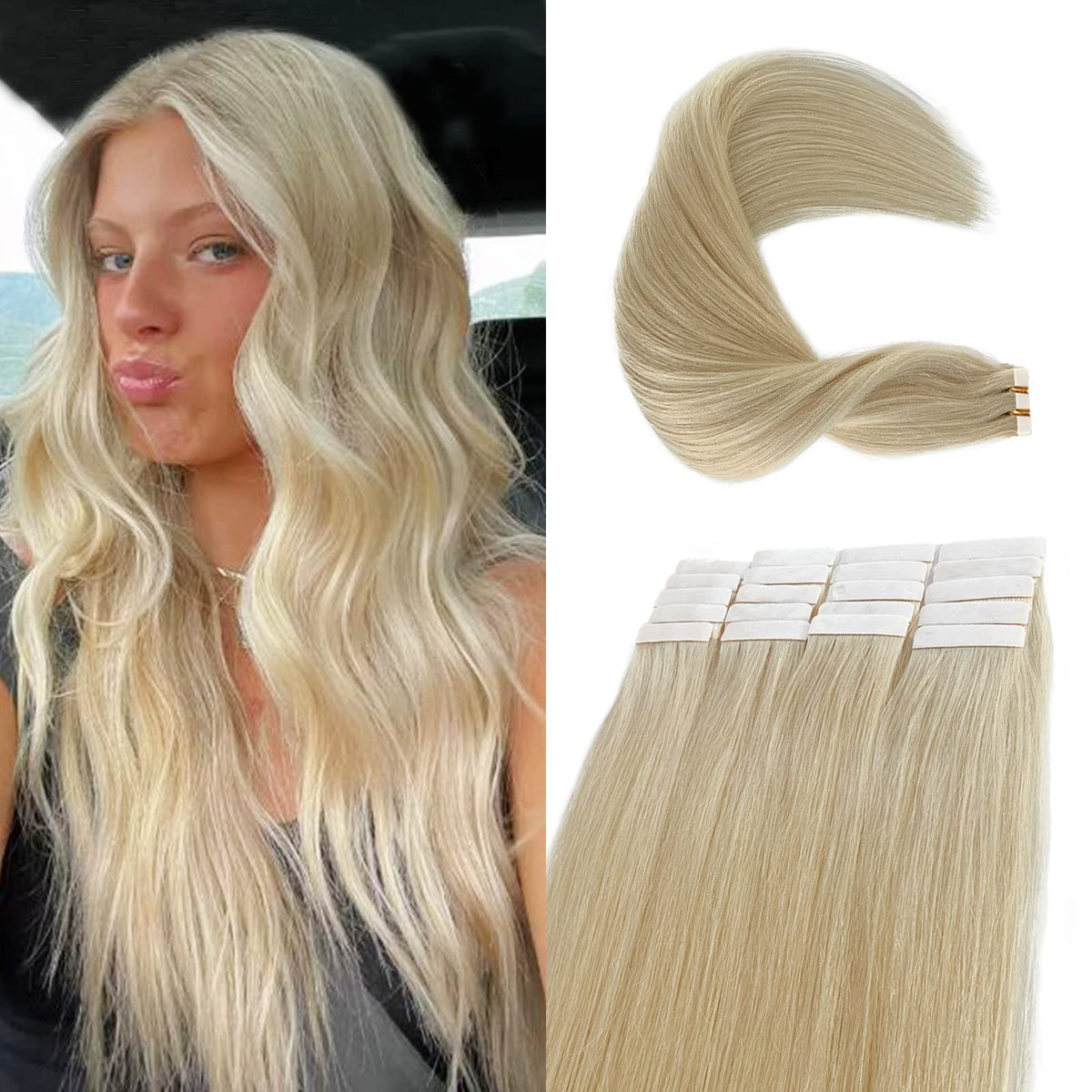 Blonde Tape in Hair Extensions, Platinum Blonde Tape in Extensions Real Human Hair, 12 Inch Short Straight #60 Blonde Tape Hair Extensions for Thin Hair 50g 20pcs Invisible Tape on Hair