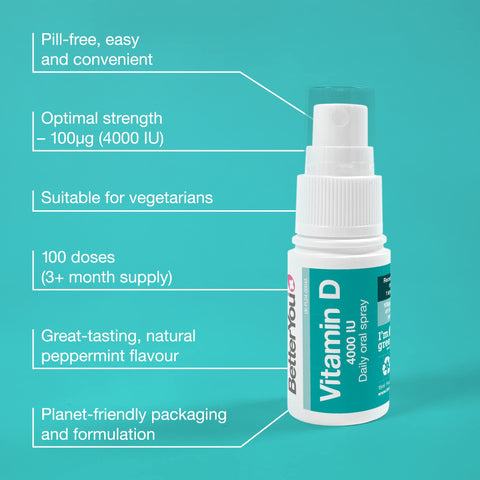 BetterYou Vitamin D 4000 IU Daily Oral Spray, Pill-free Maximum Strength Vitamin D3 Supplement, 3-month Supply, Made in the UK, Natural Peppermint Flavour