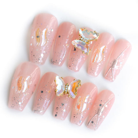 Sun&Beam Nails Handmade Long Coffin Ballerina Pink False Nail Tips with Cute 3D Spinning Butterfly Popular Charm Design Press On Nails 10 Pcs (#45 S)