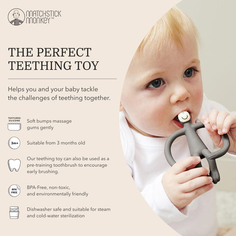 Matchstick Monkey, Original Teether & Gel Applicator, Antimicrobial Silicone Teething Toys for Baby, Easy to Grip, BPA Free, 3 Months Old+, 10.5 cm, Grey Monkey