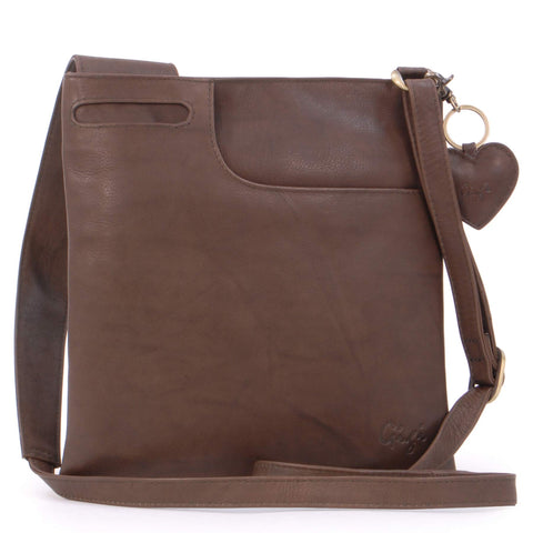 Gigi - Women's Leather Cross Body Handbag - Shoulder Bag with Long Adjustable Strap - OTHELLO 2057 - with heart keyring charm - Dark Brown