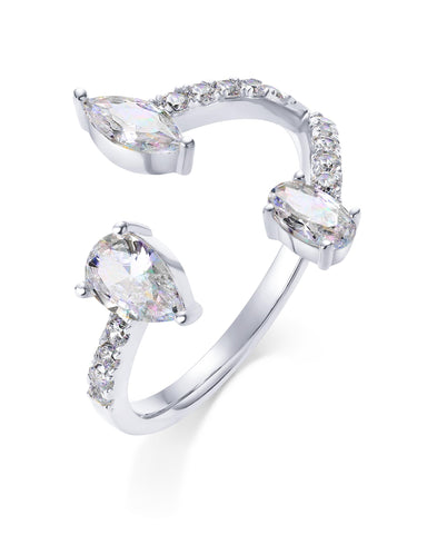 PAVOI Rhodium Plated Cubic Zirconia Triple Bypass Statement Ring for Women | Open Eternity Bands | Marquise Oval Pear CZ Engagement Stackable Rings | Size 6