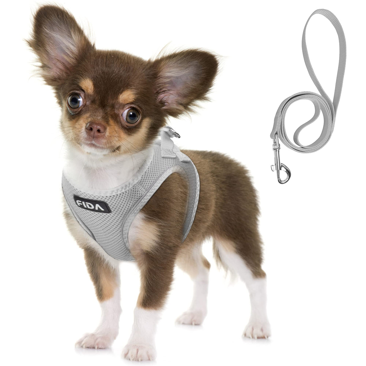 Fida Comfy Dog Harness with Leash, Soft Puppy Vest Escape Proof, Breathable Lightweight Soft Mesh, Adjustable Reflective Step-in Harness for Small Pets Walking (Small, Grey)