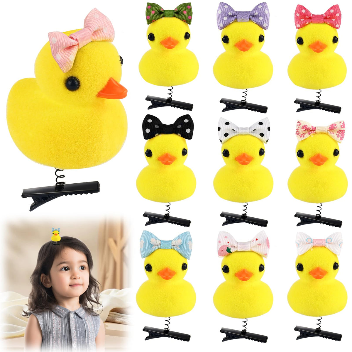 ZLSPTK 10pcs Yellow Duck Bow Hair Clips for Women Girls Toddler Pet Fun Mini Hairpins Set for Thin Thick Long Short Hair Barrettes Natural Metal Kawaii Kids Hair Accessories for School Home Party