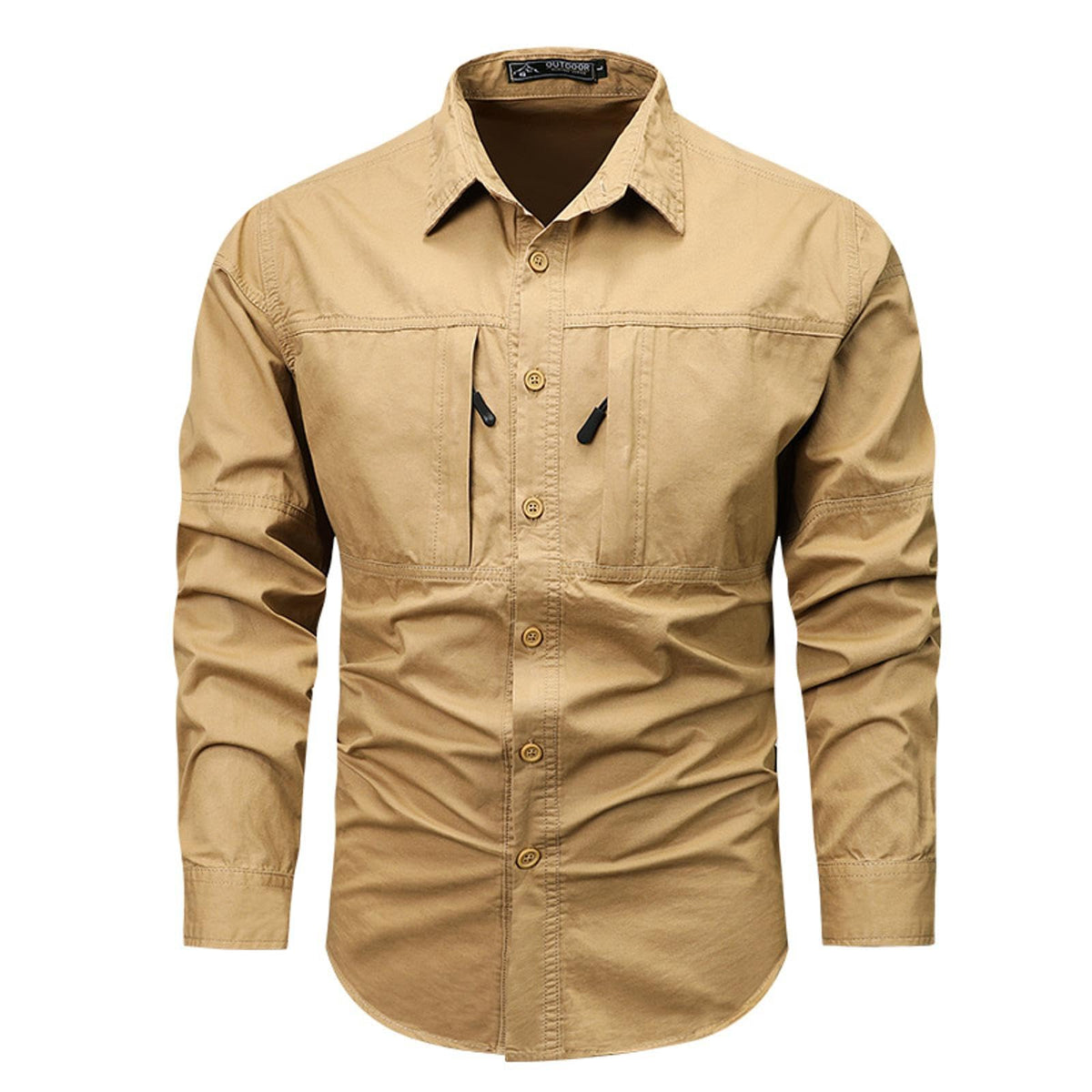 Men's Cargo Long Sleeve Shirt Solid Color Double Zipper Large Pocket Design Lapel Outdoor Shirt M Khaki