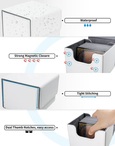 ZLCA Card Deck Box with 2 Dividers for MTG Cards, Large Horizontal Card Storage Box Fits 150+ Single Sleeved Cards, PU Leather Commander Deck Box for TCG CCG (White)