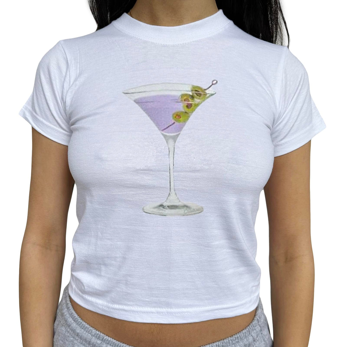 Y2K White Baby Tees for Women Cute Graphic Printed Crop Top Vintage Aesthetic Summer T Shirt for Teen Girls (Martini Purple, M)