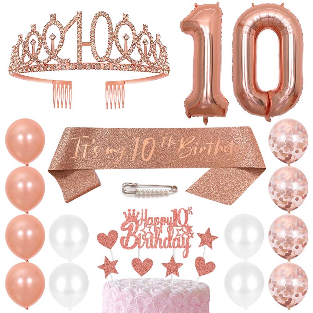 10th Birthday Sash Princess Crown Queen Tiara Rhinestone Headbands Cake Toppers Number 10 Helium Balloons Rose Gold Latex Balloon 10 Birthday Decoration for Girls 10 Year Old Birthday Party Supplies