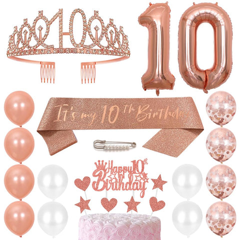 10th Birthday Sash Princess Crown Queen Tiara Rhinestone Headbands Cake Toppers Number 10 Helium Balloons Rose Gold Latex Balloon 10 Birthday Decoration for Girls 10 Year Old Birthday Party Supplies