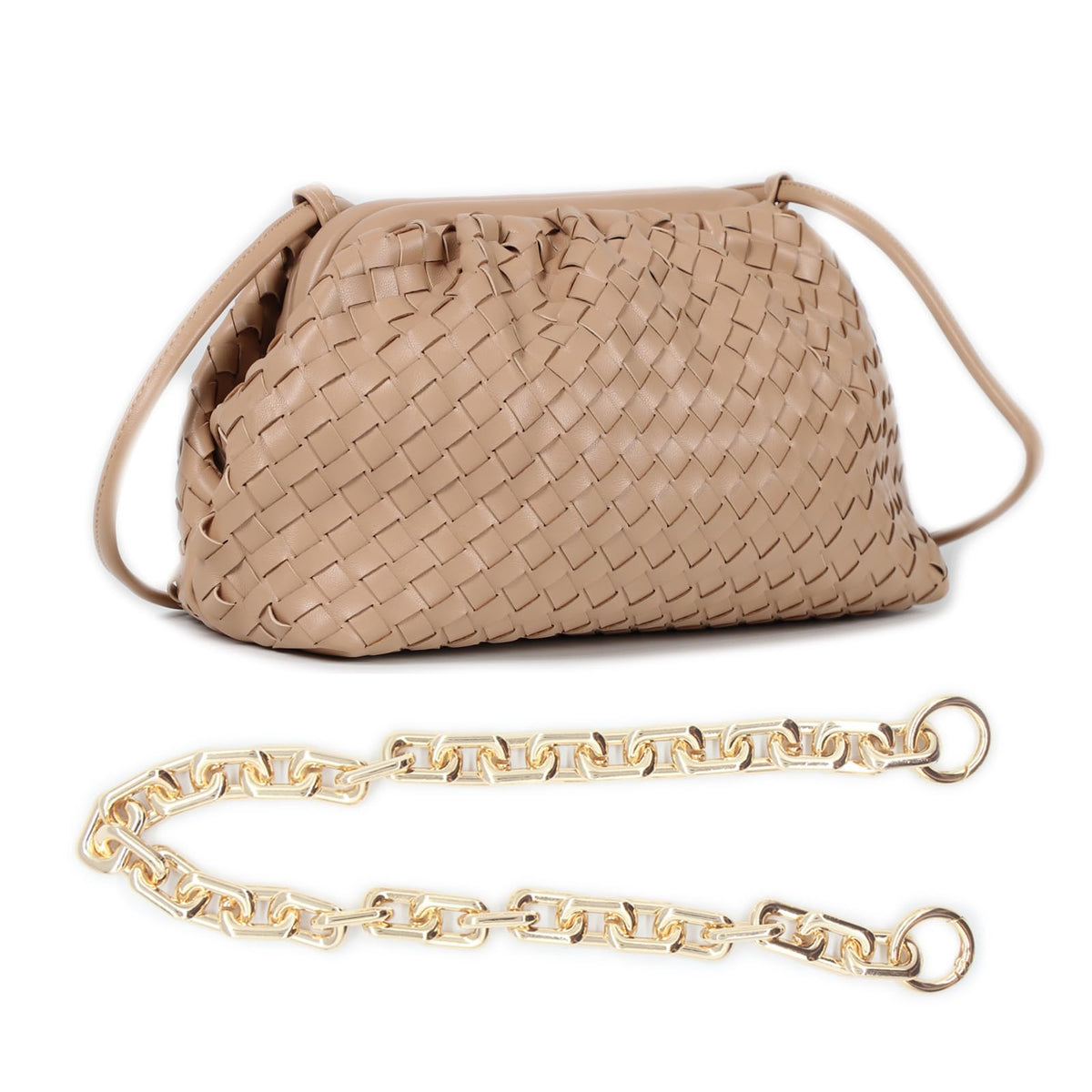 NAARIIAN Trendy Dumpling Ruched Clutch Cloud Shape Dupe Chunky Chain Shoulder Bag PU Leather Woven Handbag, Light Brown M, M:10"(L)x 4.0"(W)x 7.5"(H)