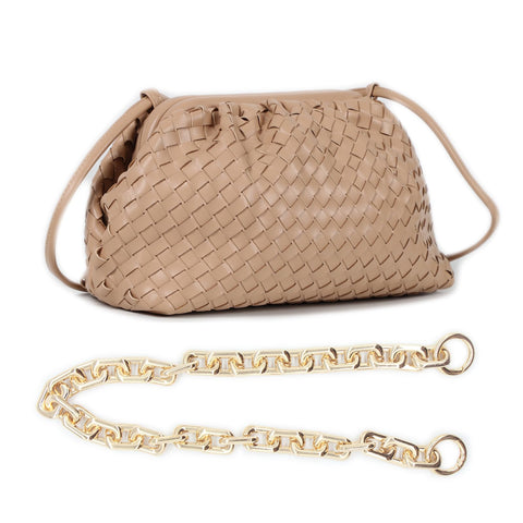 NAARIIAN Trendy Dumpling Ruched Clutch Cloud Shape Dupe Chunky Chain Shoulder Bag PU Leather Woven Handbag, Light Brown M, M:10"(L)x 4.0"(W)x 7.5"(H)