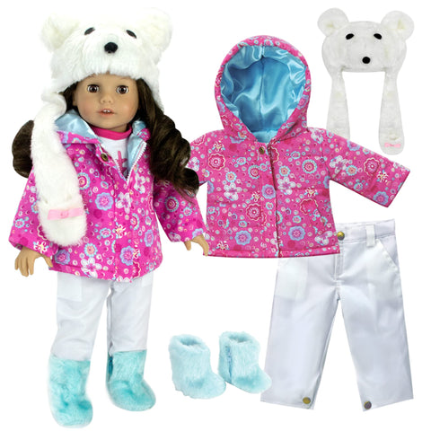 Sophia's Doll Winter Snow Outfit 4 Piece Set Complete with Fur Boots, Print Parka, Snow Pants and Polar Bear Hat for 18" Dolls