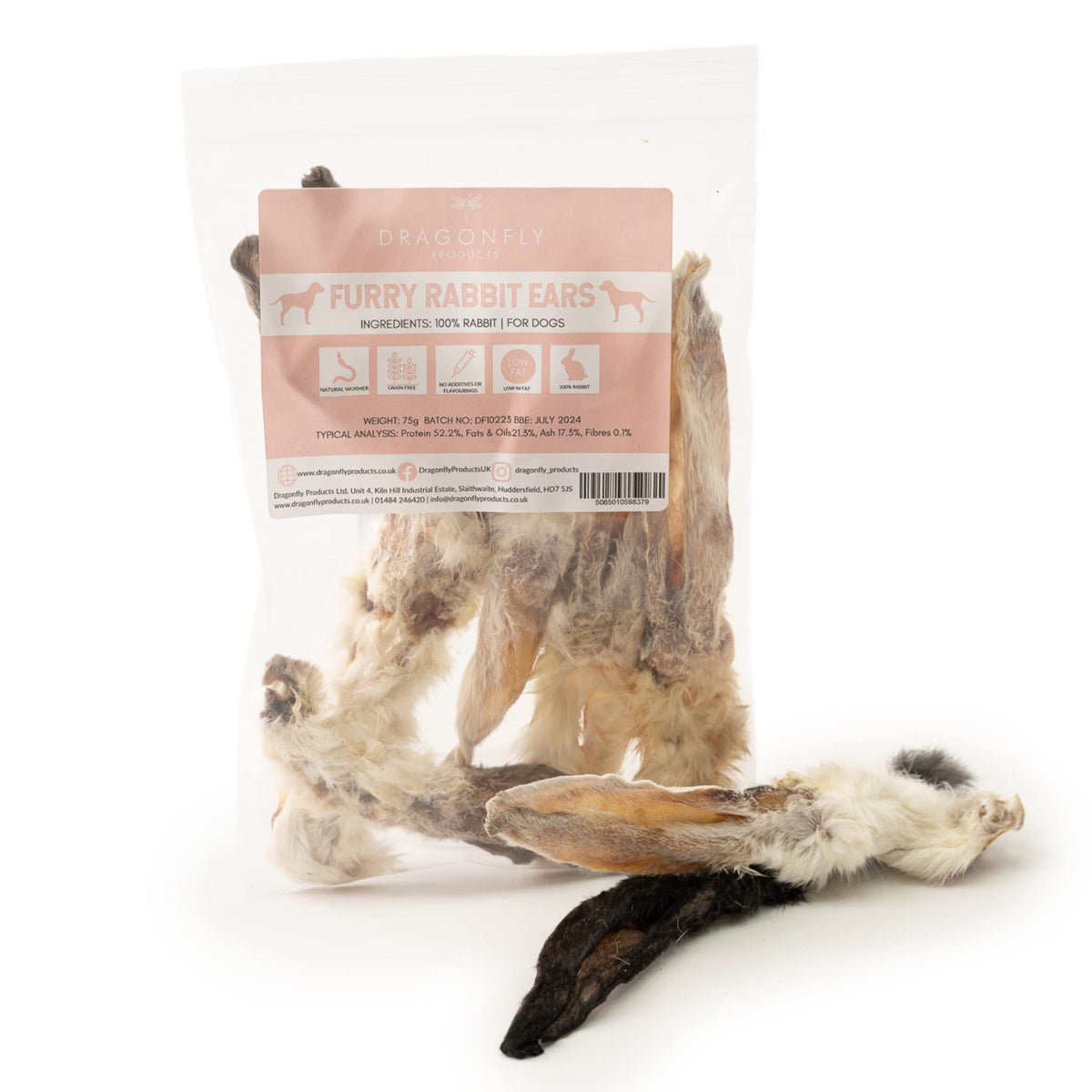 Dragonfly Products Rabbit Ears With Fur Dog Chews | 300g (18-22 pieces) | Natural, Healthy, Grain Free & Hypoallergenic | Suitable for Dogs and Puppies