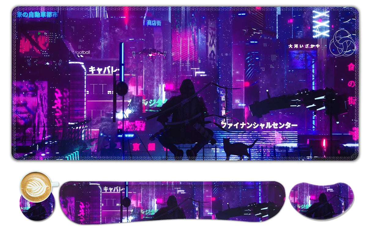 Lauspuck Anime Neon Large Mouse Pad and Keyboard Wrist Rest,Purple Extended Mouse Pad with Wrist Support Ergonomic, Non-Slip Desk Mat, Desk Protector Blotter for Home Office, Warrior Cat