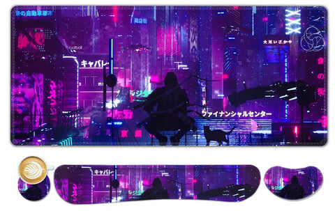 Lauspuck Anime Neon Large Mouse Pad and Keyboard Wrist Rest,Purple Extended Mouse Pad with Wrist Support Ergonomic, Non-Slip Desk Mat, Desk Protector Blotter for Home Office, Warrior Cat