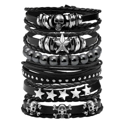 JAZTAKU Black Gothic Punk Skull Star Leather Bracelet Men Bracelets & Bangles Adjustable