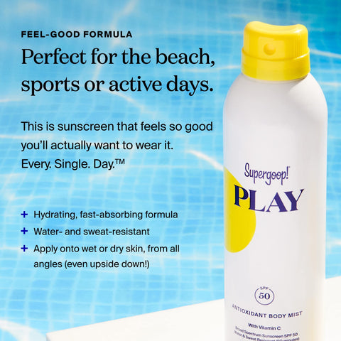 Supergoop! PLAY Antioxidant Body Mist w/ Vitamin C, 6 fl oz - SPF 50 PA++++ Broad Spectrum Sunscreen - Body Spray for Sensitive Skin - Clean Ingredients - Great for Active Days