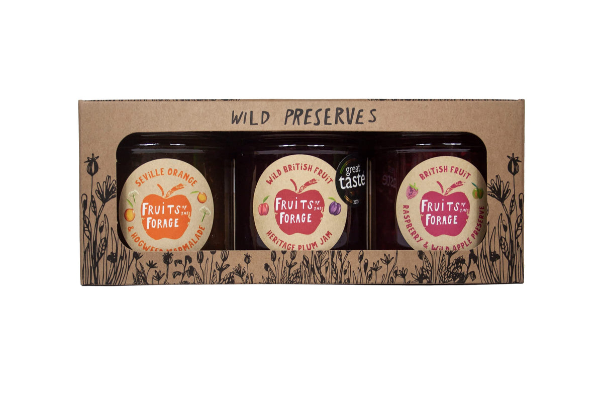 Fruits of the Forage Breakfast Preserve Gift Pack, Includes Heritage Plum Jam, Seville Orange & Hogweed Marmalade and Raspberry & Wild Apple Preserve. Pack of 3 Glass Jars (210g x 210g x 210g)