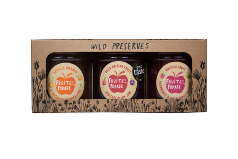 Fruits of the Forage Breakfast Preserve Gift Pack, Includes Heritage Plum Jam, Seville Orange & Hogweed Marmalade and Raspberry & Wild Apple Preserve. Pack of 3 Glass Jars (210g x 210g x 210g)