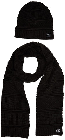 Calvin Klein Men's Cuff Hat and Scarf Gift Set Cold Weather, Black Mixed Stripe, One Size