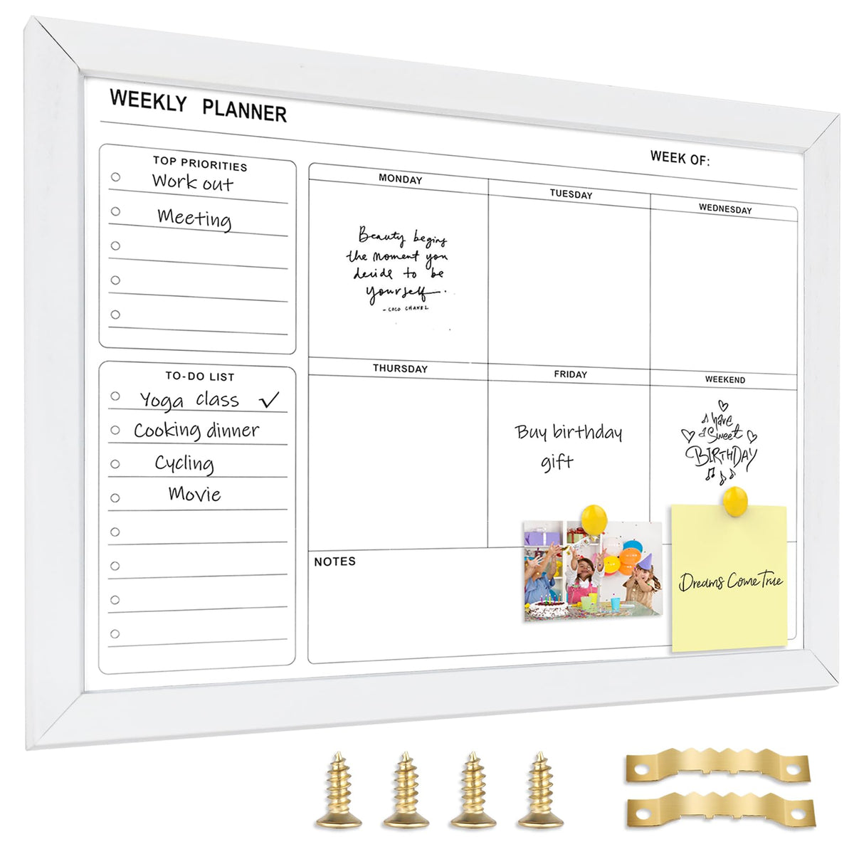 Marribol White Board Weekly Calendar Dry Erase Planner for Wall-14"X10",White Wood Frame,Minimal/Modern Design, Magnetic Whiteboard Planner for to Do List, Memo, School, Home, Office, Kitchen