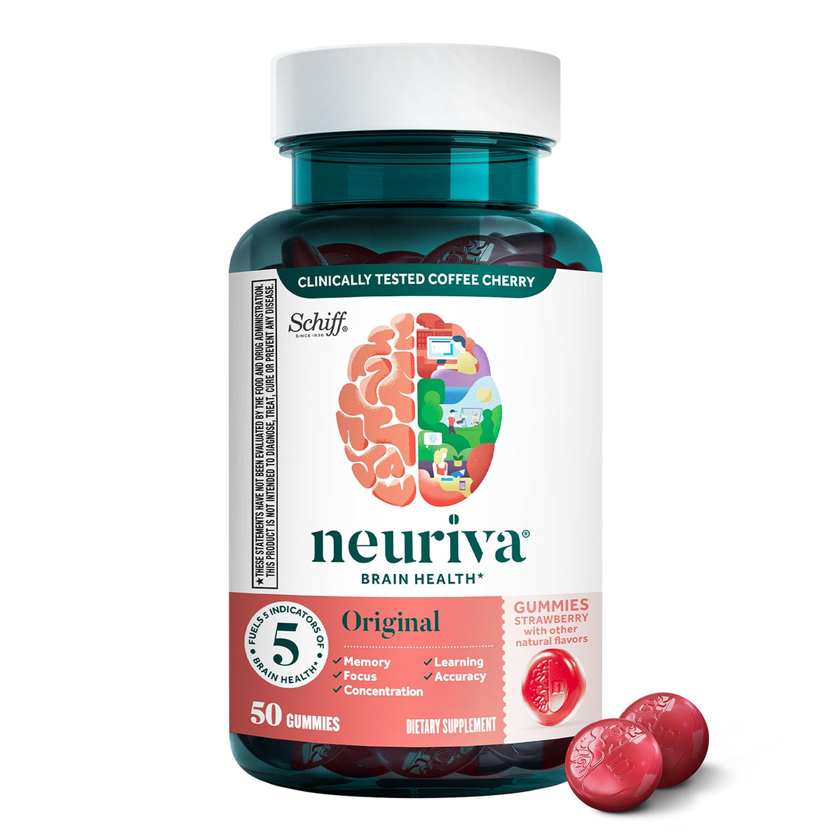 NEURIVA Original Brain Supplement for Memory, Focus & Concentration + Learning & Accuracy with Clinically Tested Nootropics Phosphatidylserine and Neurofactor, Caffeine Free, 50ct Strawberry Gummies