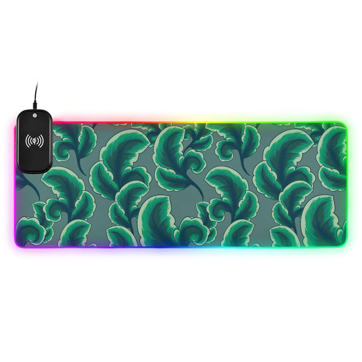 Floral Foliage Tropical Leaves Wireless Charging Mouse Pad for Mobile Phone Extra Large Gaming Mousepad with 13 Lighting Modes Mouse Mat for Gaming MacBook PC Laptop Desk Office Home