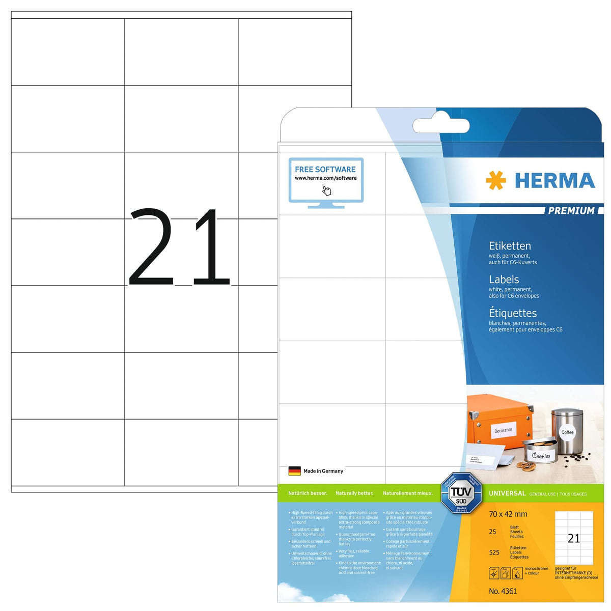 Herma Self Adhesive Address Labels, 21 Labels per A4 Sheet, 25 Sheets, 70 x 42 mm, 525 Labels, Blank Mailing Labels Stickers, Sticky Labels for Laser & Inkjet Printer, White