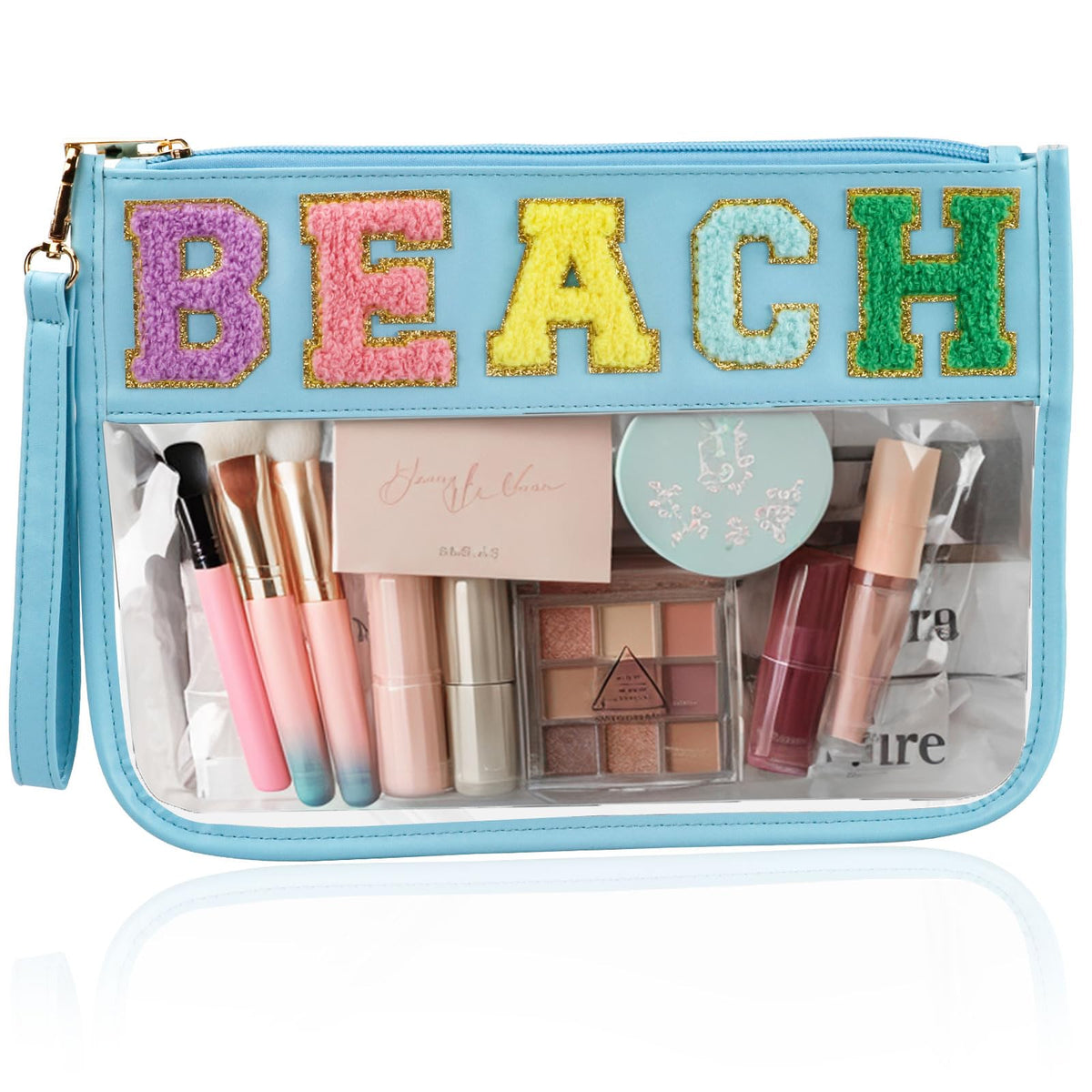 BuyCard Chenille Letter Clear Makeup Bags Flat Pounch for Travel, Preppy Patch Nylon & PVC Cosmetic Bag with Zipper, Waterproof Large Clear Travel Toiletry Bag Storage Bag for Women Girls, Blue-Beach,