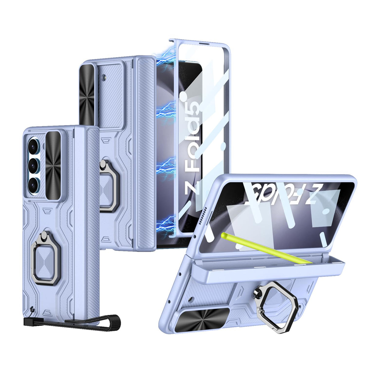 XIMAND for Samsung Galaxy Z Fold 5 Case with Pen and Magnetic Hinge Protection & Built-in Front Screen and Ring Kicstand,Hidden S-Pen Slot and Armored & Rugged Case, Wrist Strap.(Sky Blue)