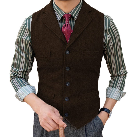 Tuikayoo Mens Suit Vest Slim Fit Wool Dress Vest Tweed Herringbone Groomsmen, coffee, XXL