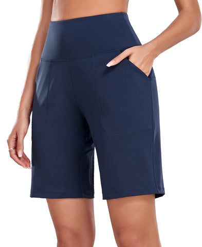 Oalka Women's High Waisted Shorts Yoga Workout Bermuda Long Hiking Shorts with Pockets 10" Shorts Navy Blue L