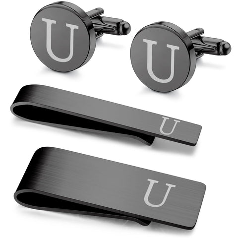 Morfetto 4Pcs Black Stainless Steel Engraved Initial Cufflinks and Tie Bar Money Clip Set Tie Clip with Gift Box for Best Man Groom Wedding Business Letter U