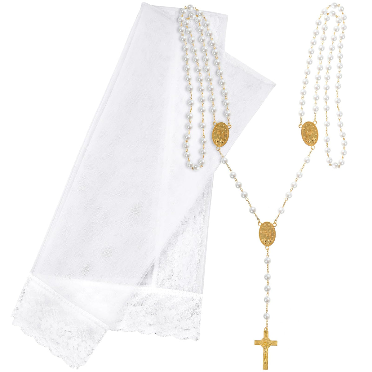 Loetere 2 Pcs Wedding Unity Veil and Cord Set, Wedding Lasso Lazo Para Boda with Cross Catholic Wedding Veil for Wedding, White, 39.3 x 59 inches/ 100 x 150 cm