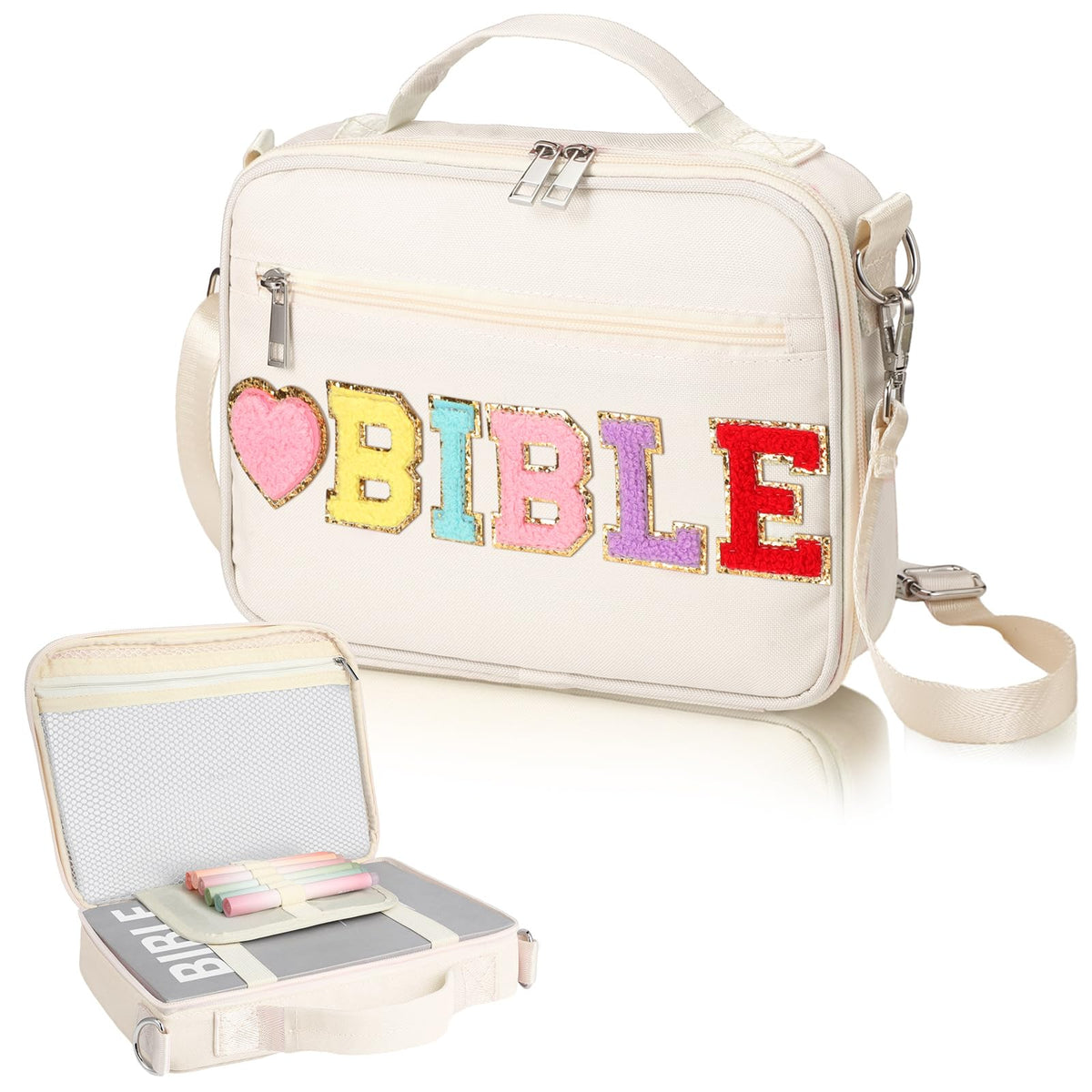 Silkfly Large Chenille Letter Bible Cover for Women Preppy Patch Bible Case Church Bible Bag with Handle(White)