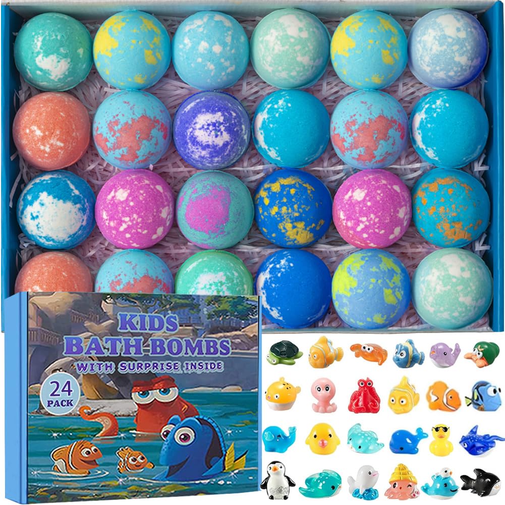 Bath Bomb Gift Set with Marine Animals Inside, 24 Pack Organic Bath Bombs for Kids, Kids Safe Handmade Fizzy Balls for Kid, Ideal Birthday Gift for Boys & Girls