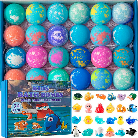 Bath Bomb Gift Set with Marine Animals Inside, 24 Pack Organic Bath Bombs for Kids, Kids Safe Handmade Fizzy Balls for Kid, Ideal Birthday Gift for Boys & Girls