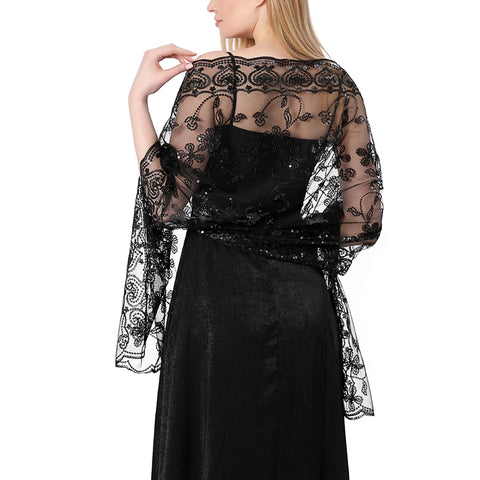 Ladiery Sequin Floral Shawls and Wraps for Evening Dresses,Women sparkly Sheer Mesh Wedding Shawls for Evening Party
