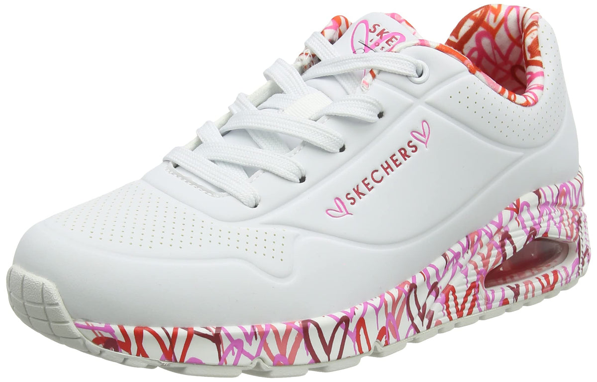 Skechers Women's Sneaker, White Durabuck Red Pink Mesh Trim, 6