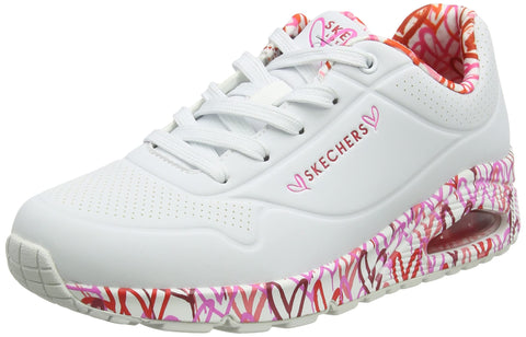 Skechers Women's Sneaker, White Durabuck Red Pink Mesh Trim, 6