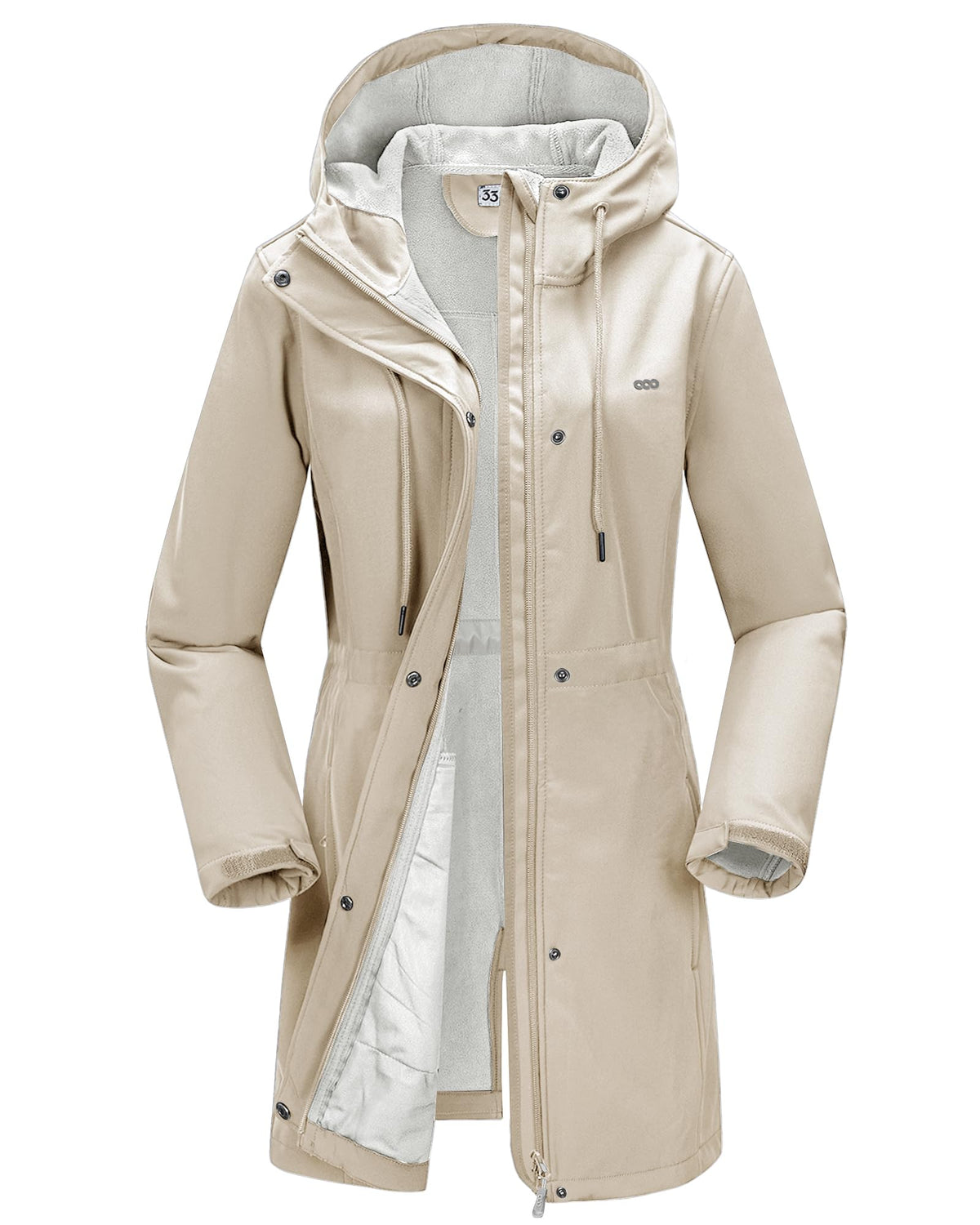 33,000ft Women’s Lightweight Softshell Jacket with Hood Waterproof Ladies Functional Jacket Fleece Lined Windbreaker Breathable Raincoat Hooded Long Coats for Hiking Light Khaki XL
