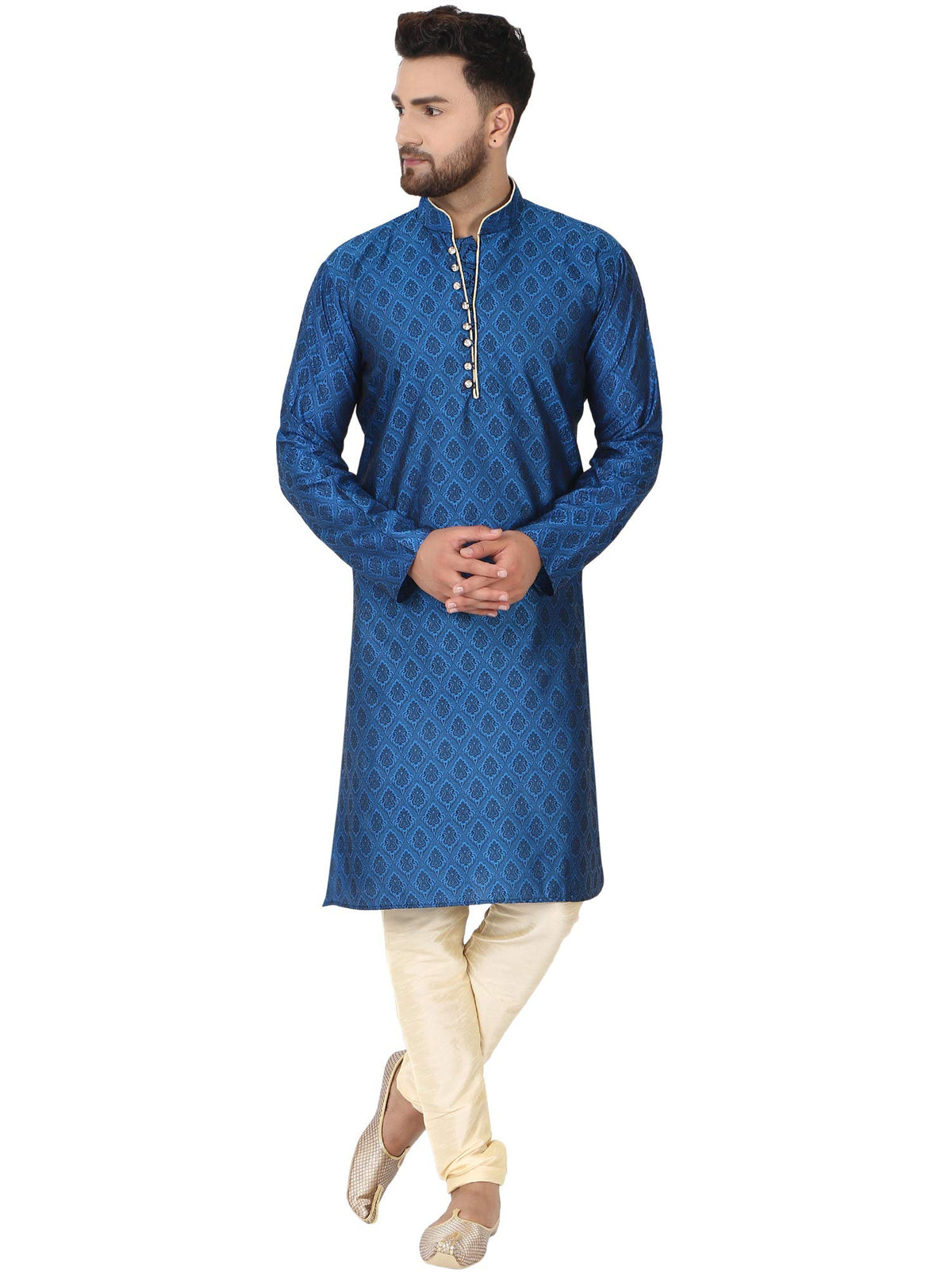 SKAVIJ Men's Tunic Jacquard Silk Kurta Pajama Indian Traditional Suit Wedding Party Dress Set (X-Large, Turquoise)