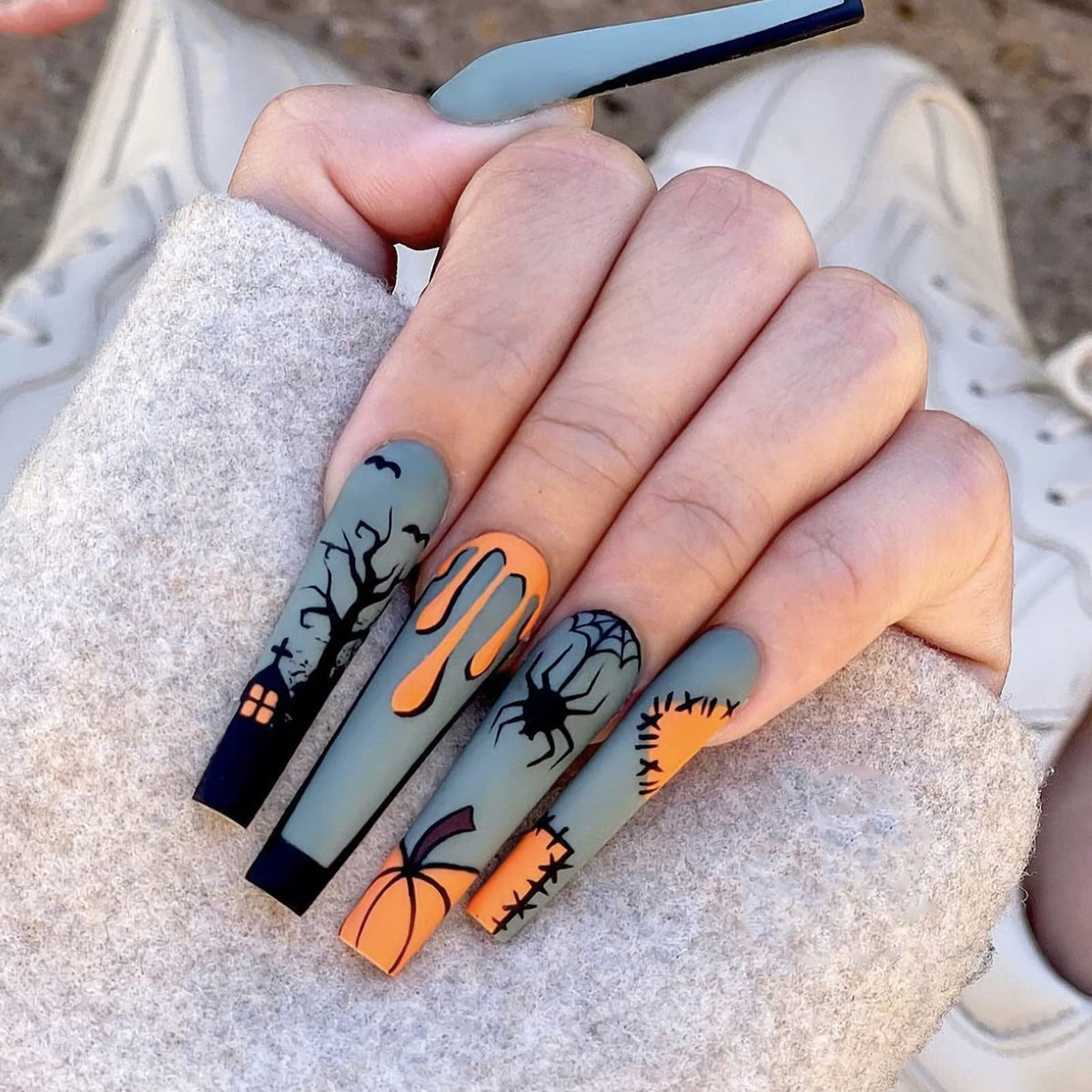Halloween Press on Nails Long Fake Nails Full Cover Matte Artificial Nails Spider Web Pumpkin Patch Bat Halloween False Nails French Coffin Press on Nails Halloween Stick on Nails for Women and Girls