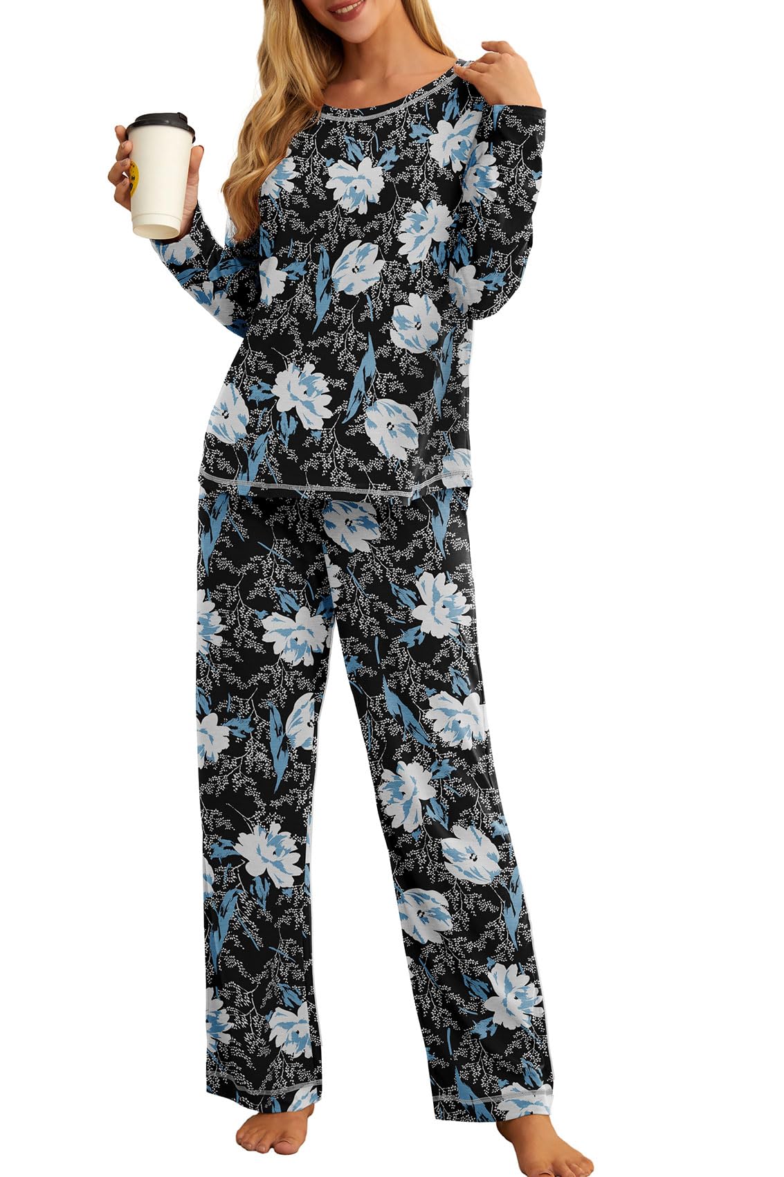 PrinStory Women's Pajama Set 2024 Lounge Sets Long Sleeve Sleepwear Soft 2 Piece Pjs with Pockets FP-White Lily-M