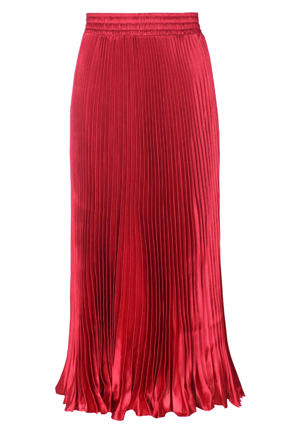 ebossy Women's Elastic Waist Satin Metallic Pleated Long Swing Skirt (One Size, Red)