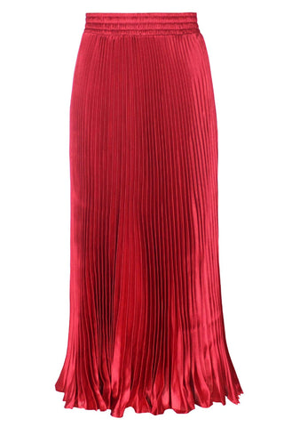 ebossy Women's Elastic Waist Satin Metallic Pleated Long Swing Skirt (One Size, Red)